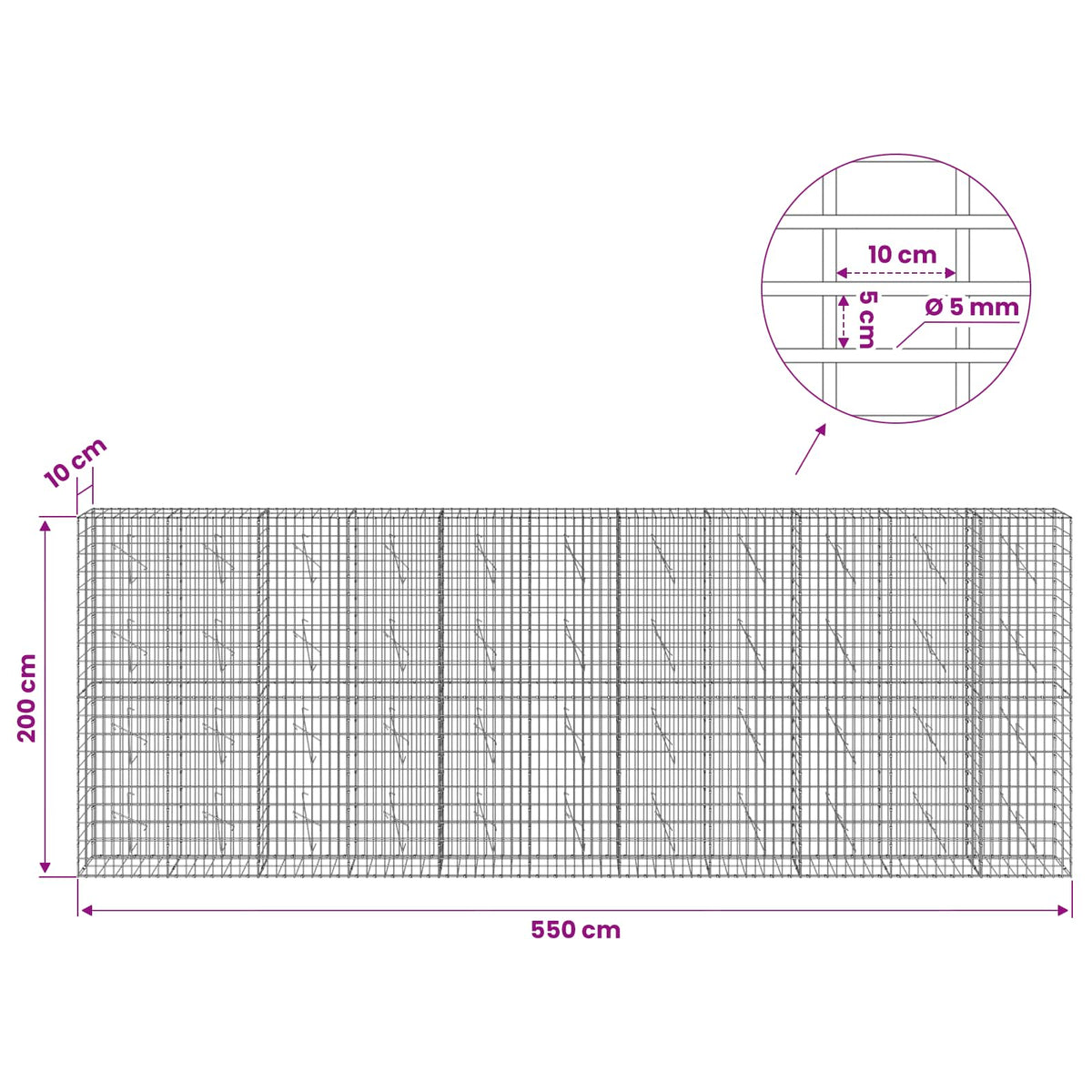 Gabionas su 5 mm viela ir 5x10 cm tinkleliu 550x10x200 cm
