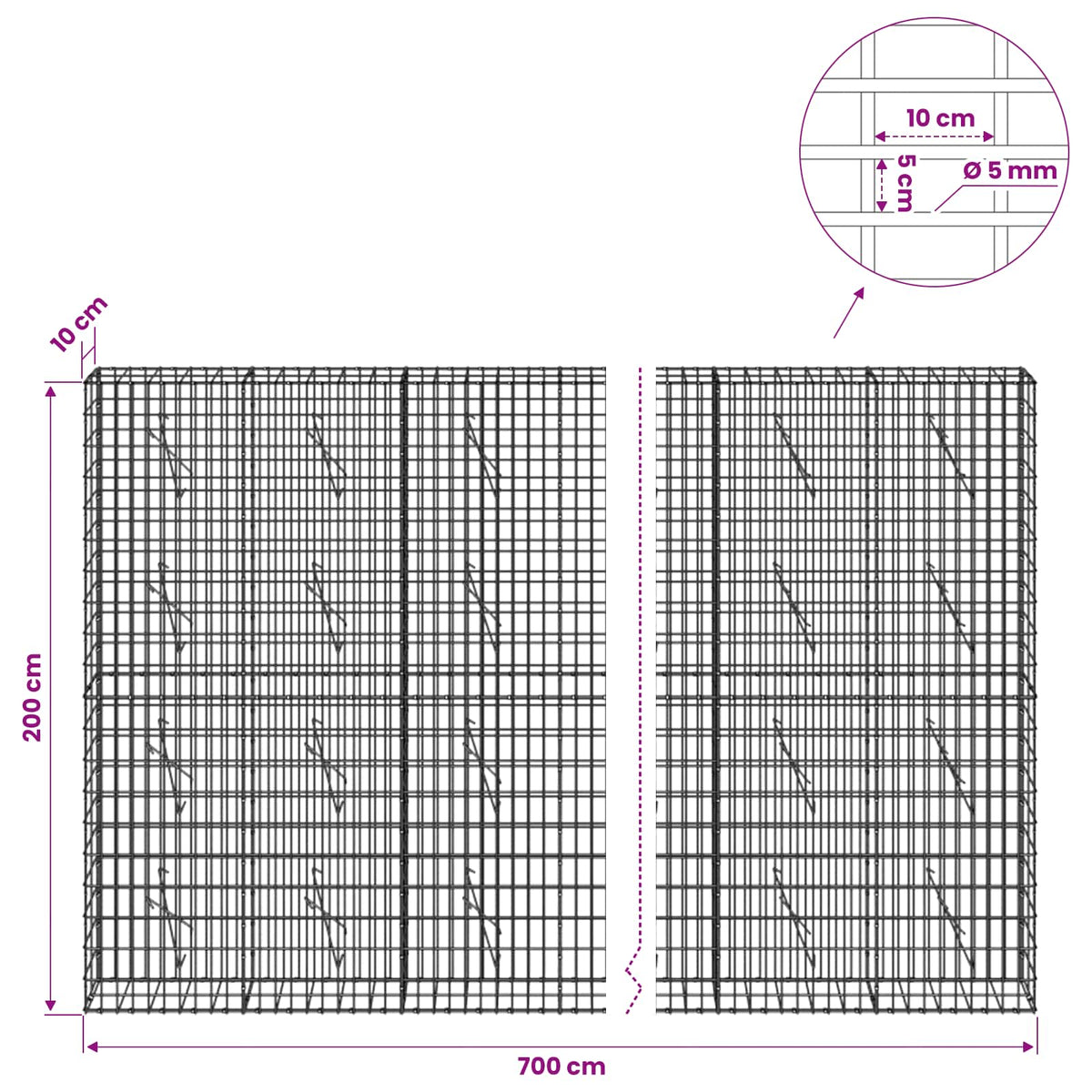 Gabionas su 5 mm viela ir 5x10 cm tinkleliu 700x10x200 cm
