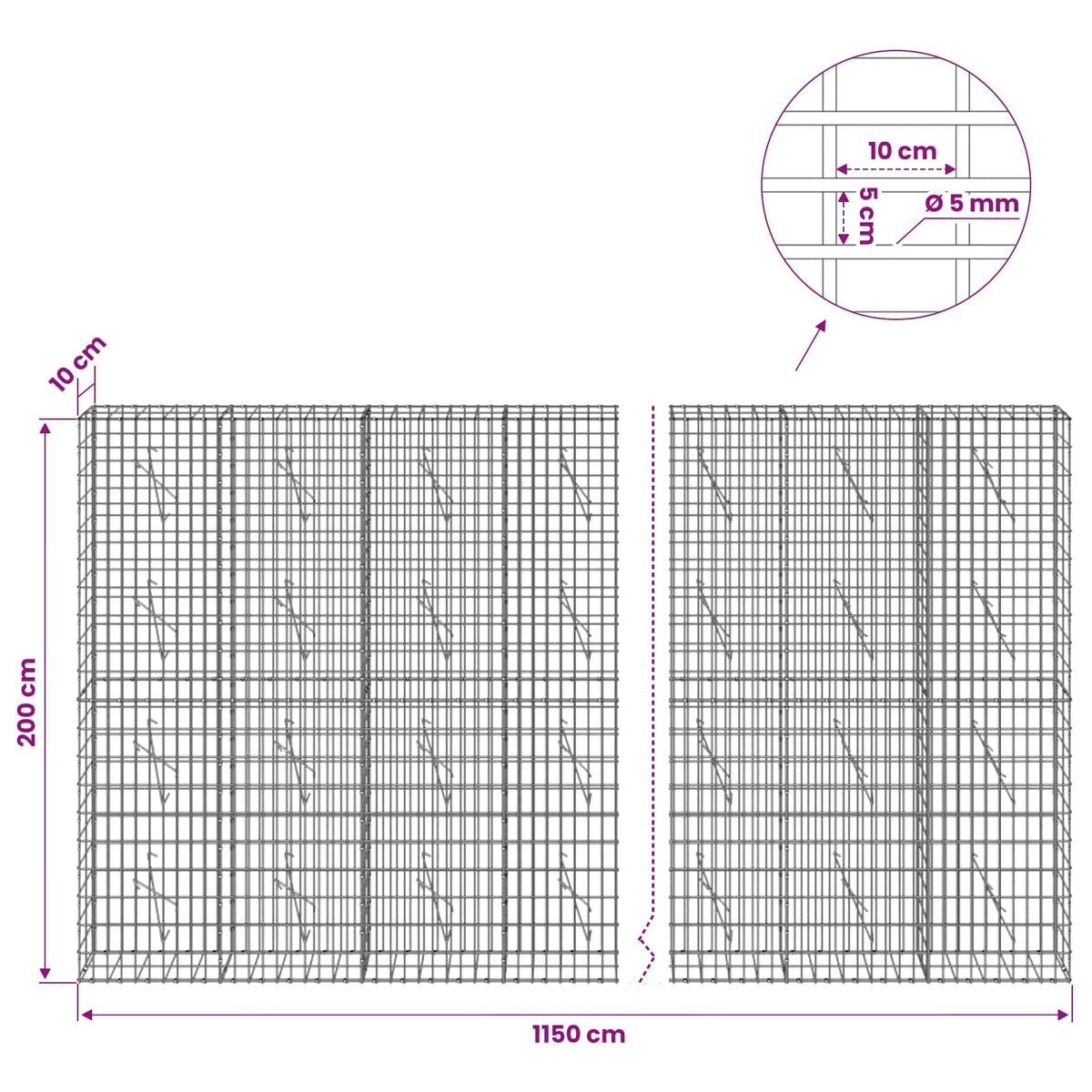 Gabionas su 5 mm viela ir 5x10 cm tinkleliu 1150x10x200 cm