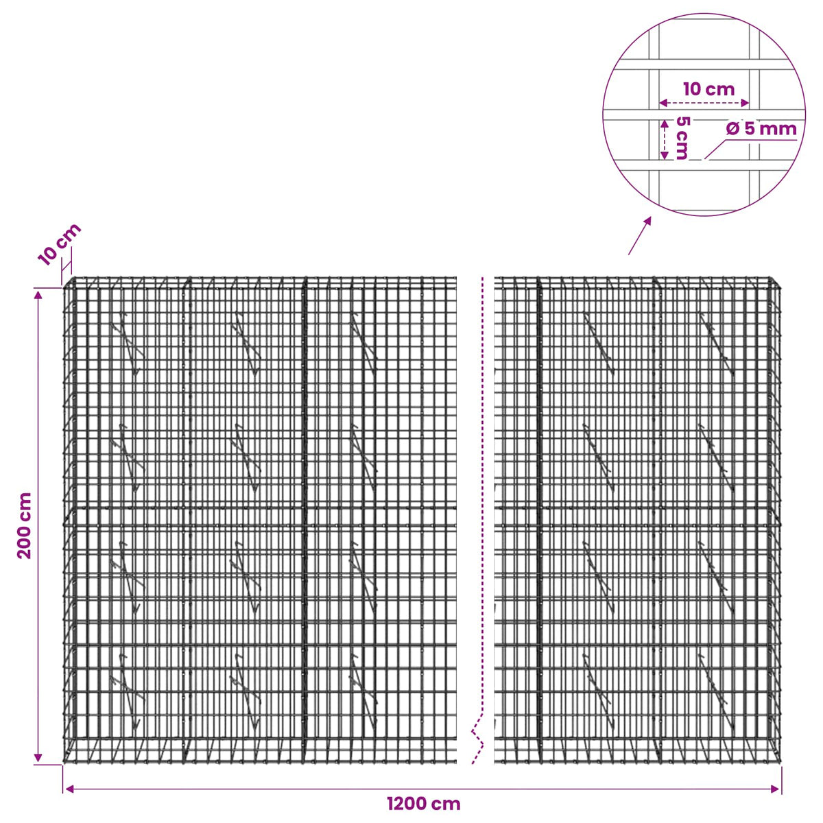 Gabionas su 5 mm Viela ir 5x10 cm Tinkleliu 1200x10x200 cm