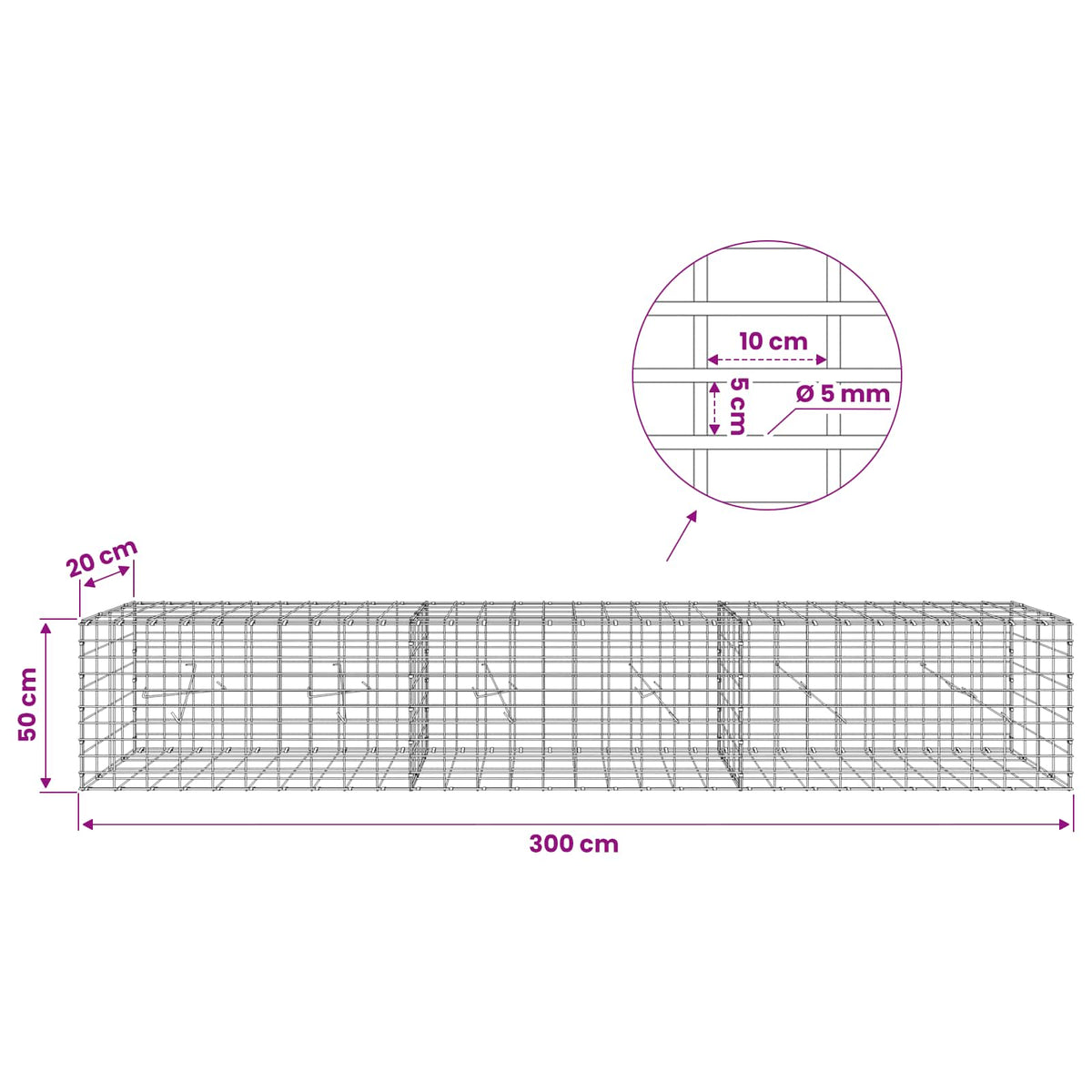 Gabionas su 5 mm viela ir 5x10 cm tinkleliu 300x20x50 cm