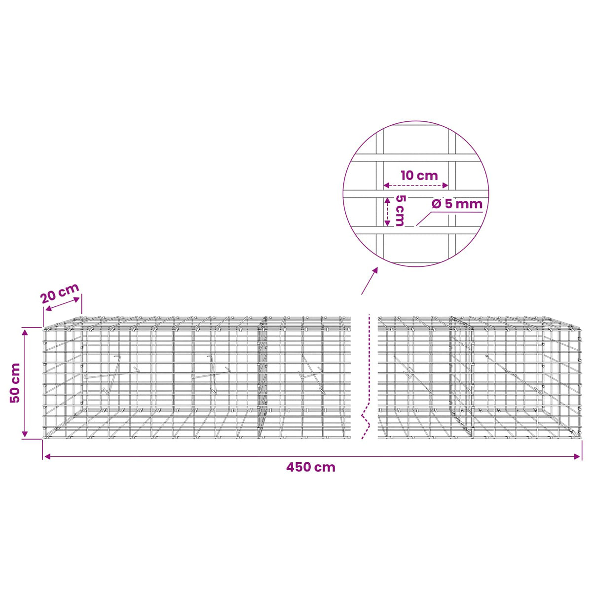 Gabionas su 5 mm Viela ir 5x10 cm Tinkleliu 450x20x50 cm