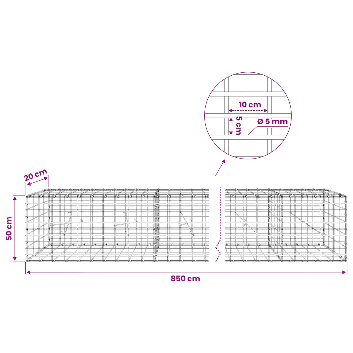 Gabionas su 5 mm viela ir 5x10 cm tinkleliu 850x20x50 cm