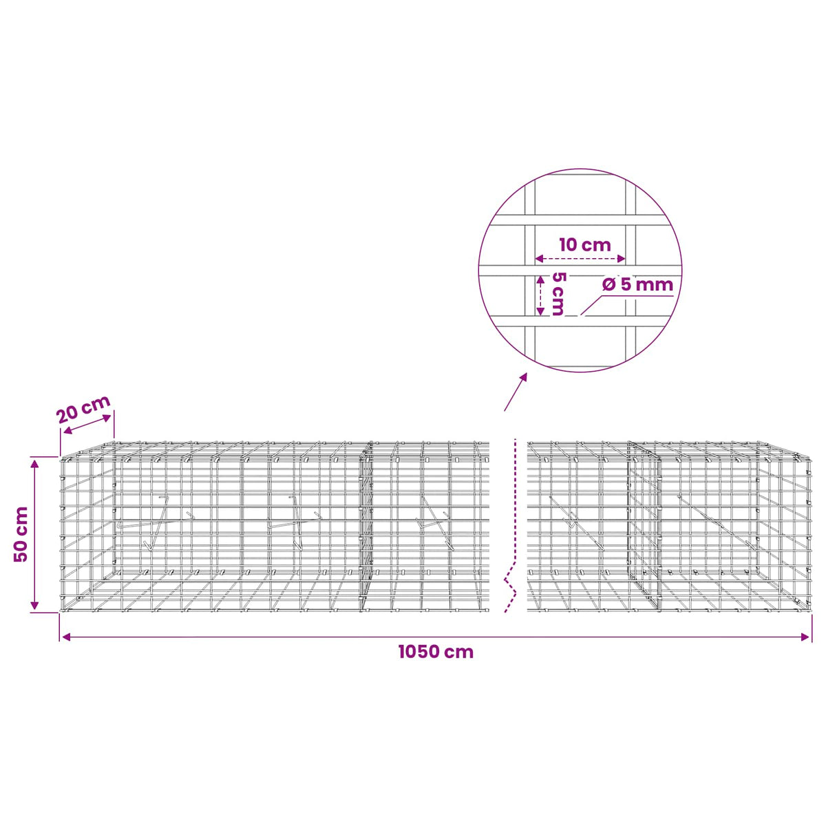 Gabionas su 5 mm viela ir 5x10 cm tinkleliu 1050x20x50 cm