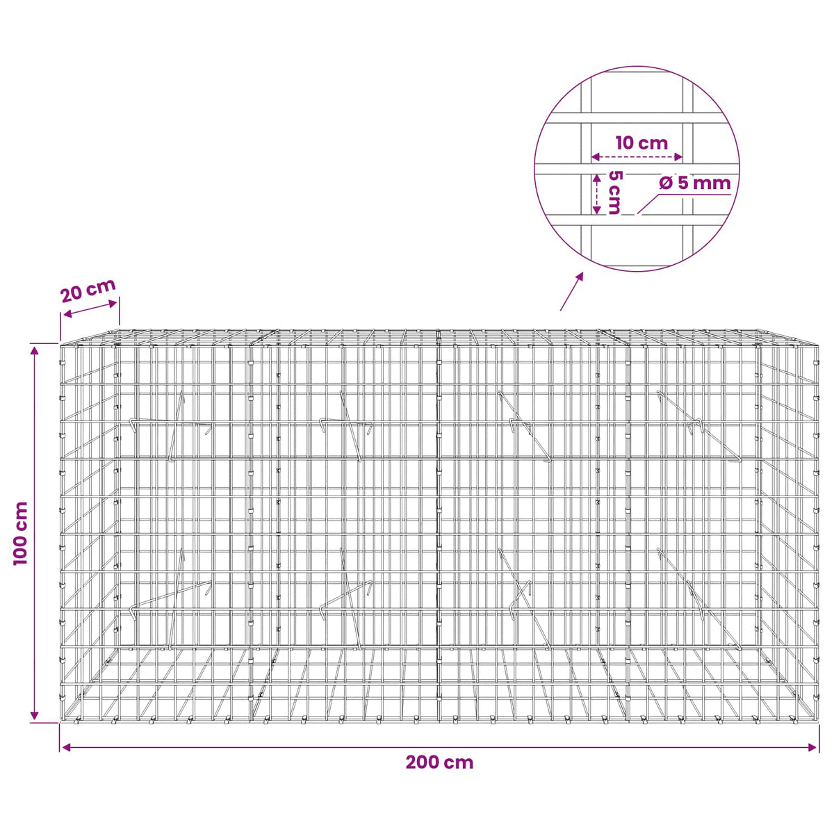 Gabionas su 5 mm Viela ir 5x10 cm Tinkleliu 200x20x100 cm