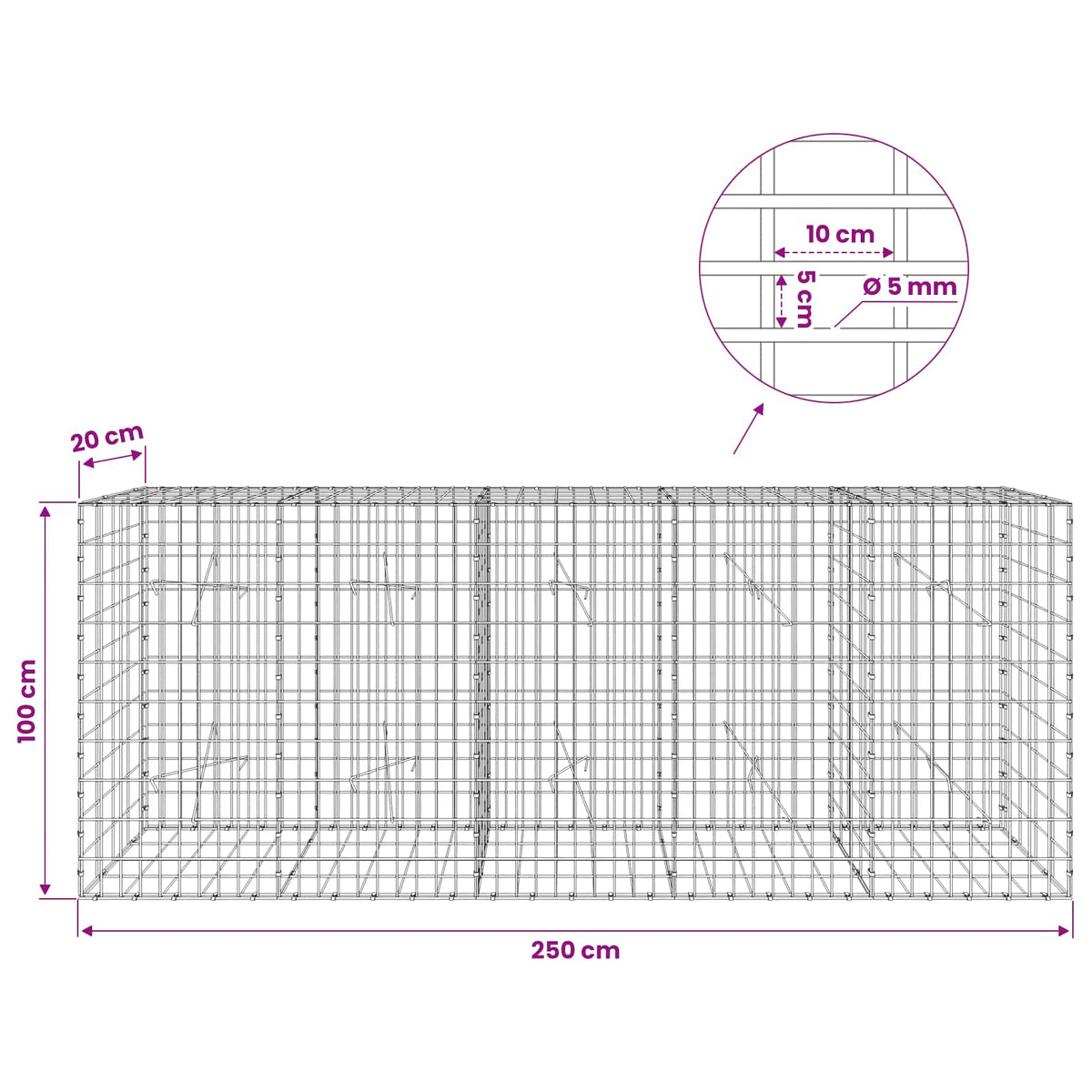 Gabionas su 5 mm Viela ir 5x10 cm Tinkleliu 250x20x100 cm