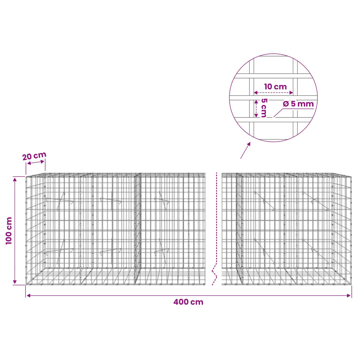 Gabionas su 5 mm Viela ir 5x10 cm Tinkleliu 400x20x100 cm