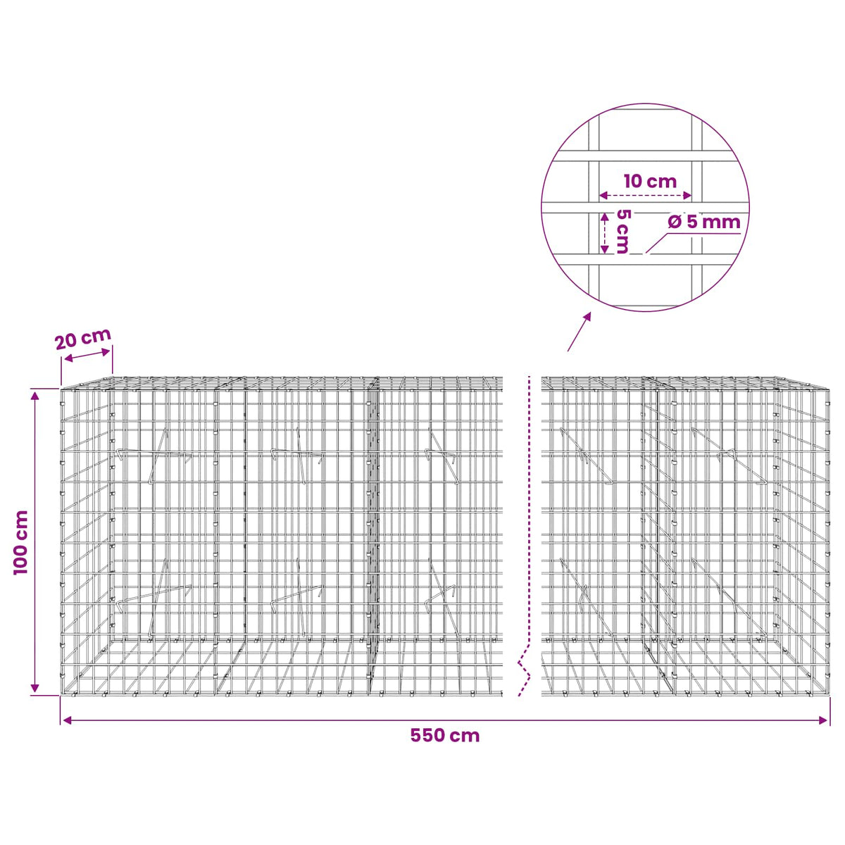 Gabionas su 5 mm Viela ir 5x10 cm Tinkleliu 550x20x100 cm