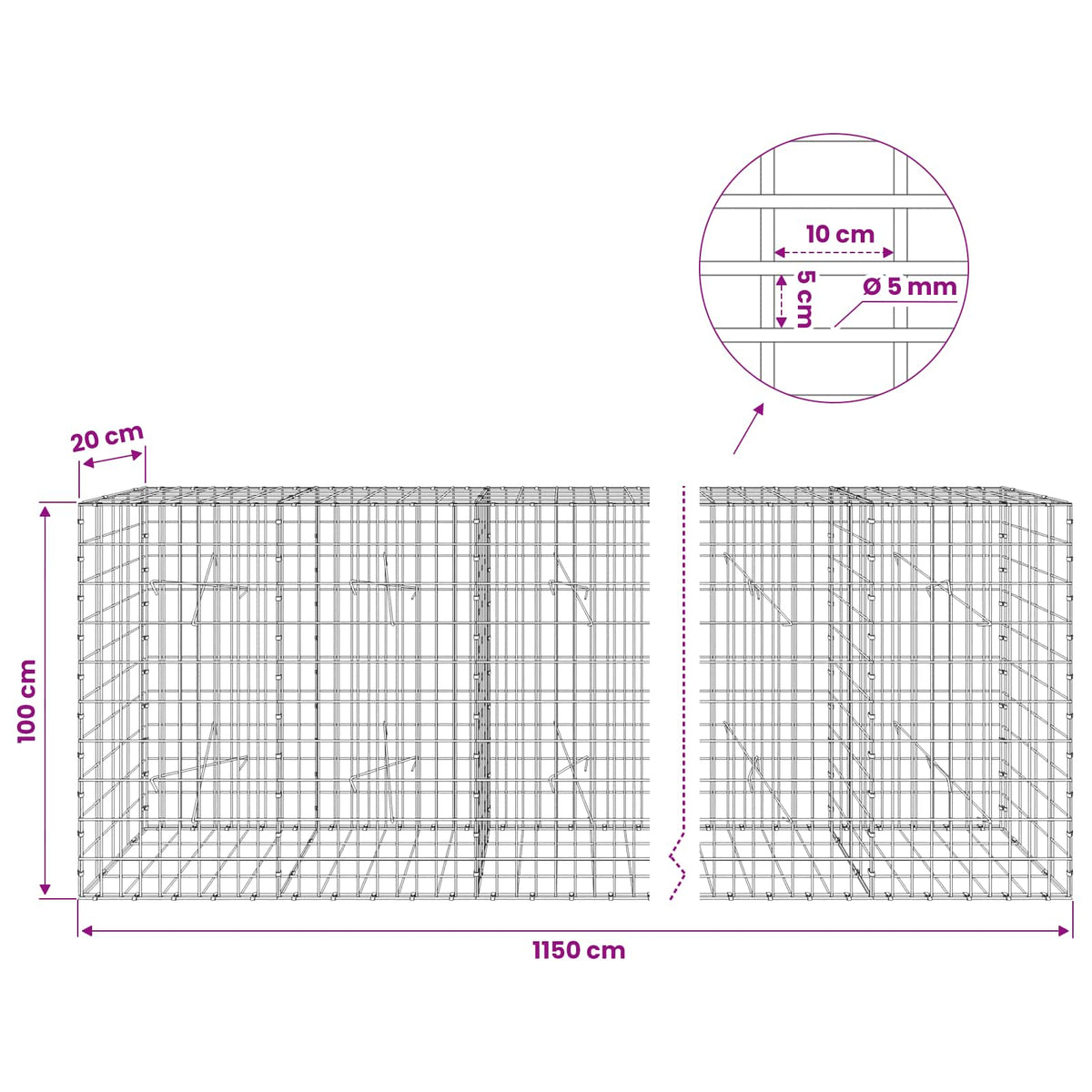 Gabionas su 5 mm Viela ir 5x10 cm Tinkleliu 1150x20x100 cm