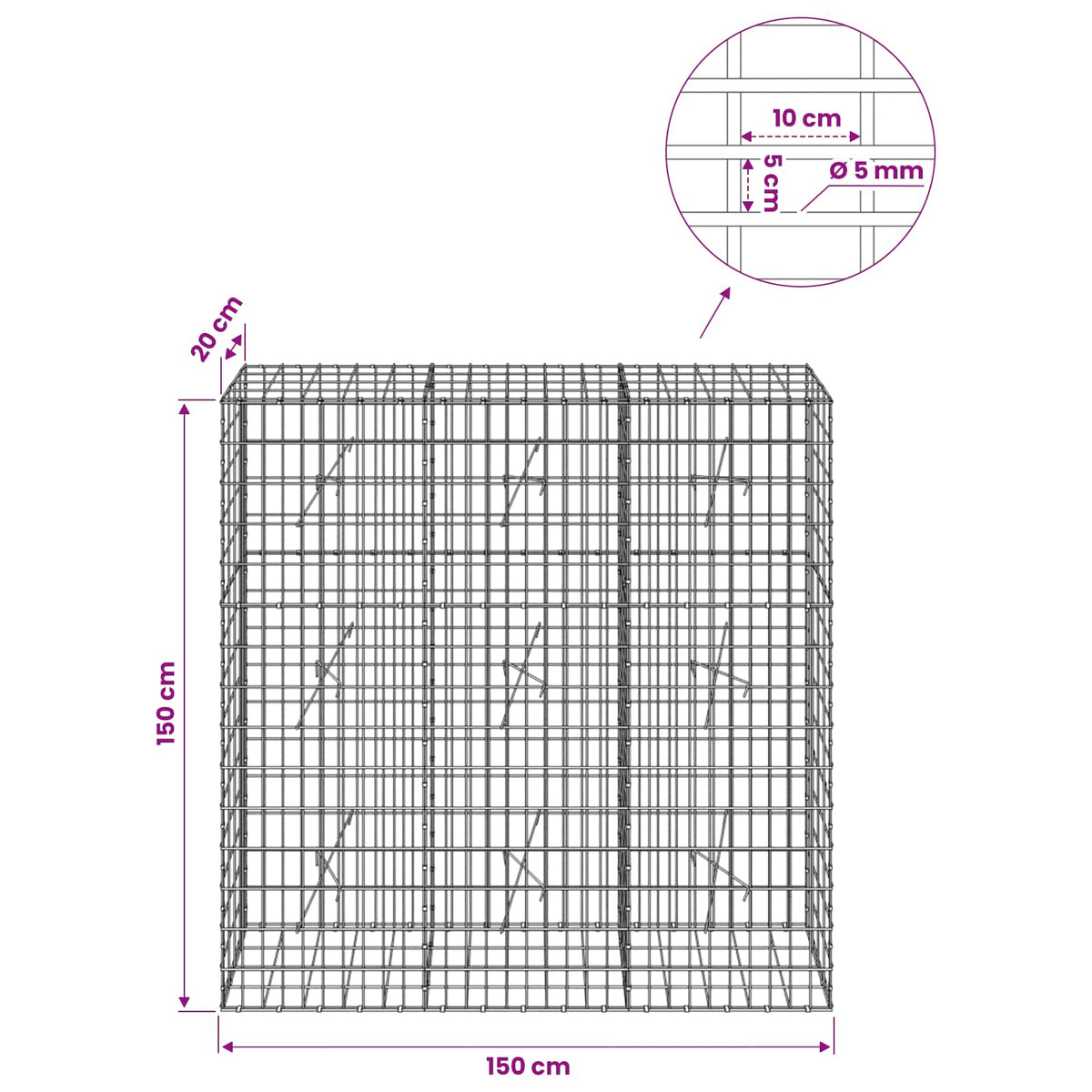Gabionas su 5 mm Viela ir 5x10 cm Tinkleliu 150x20x150 cm