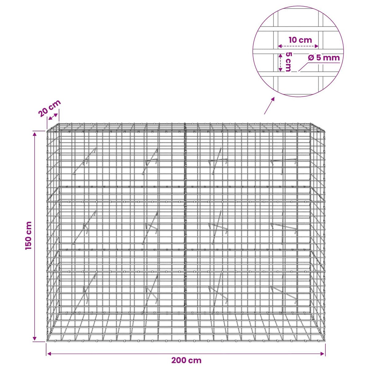 Gabionas su 5 mm Viela ir 5x10 cm Tinkleliu 200x20x150 cm