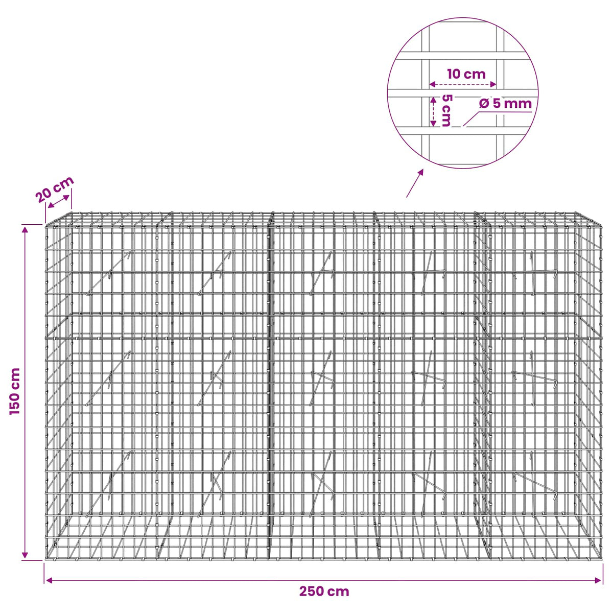 Gabionas su 5 mm viela ir 5x10 cm tinkleliu 250x20x150 cm