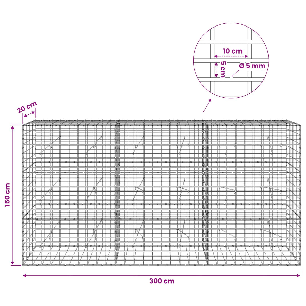 Gabionas su 5 mm Viela ir 5x10 cm Tinkleliu 300x20x150 cm