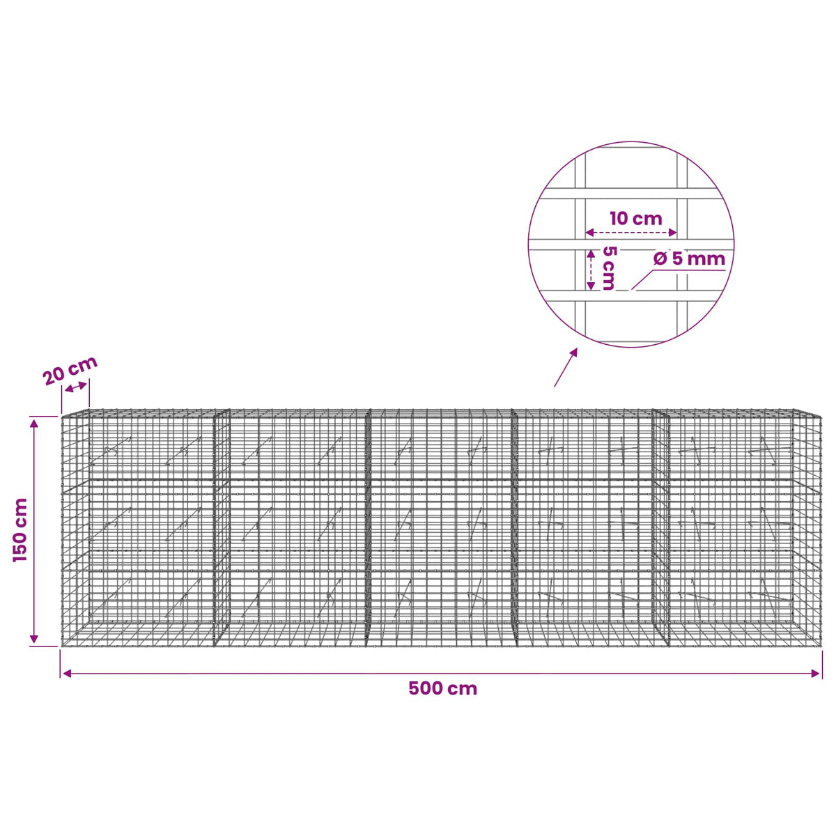Gabionas su 5 mm Viela ir 5x10 cm Tinkleliu 500x20x150 cm