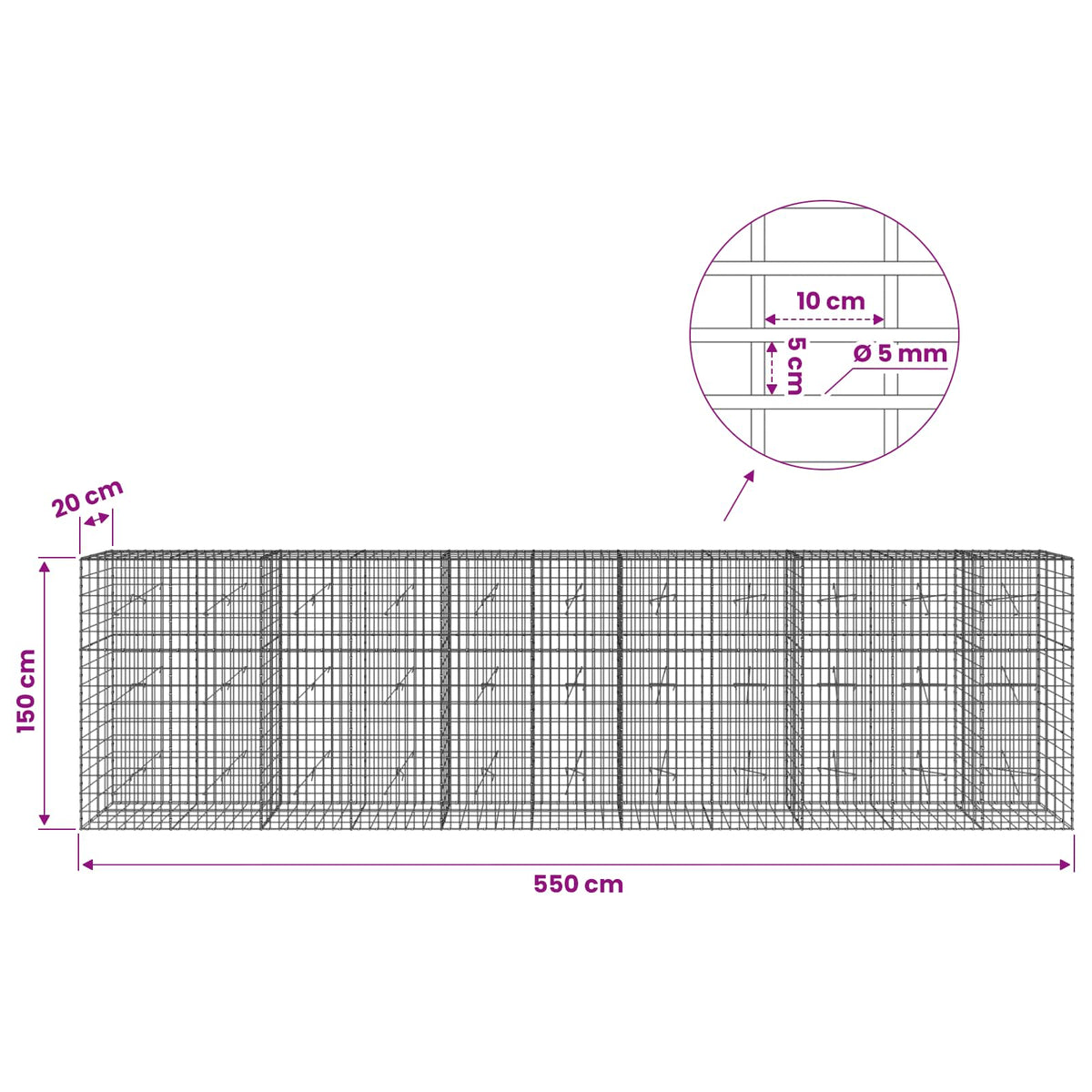 Gabionas su 5 mm viela ir 5x10 cm tinkleliu 550x20x150 cm