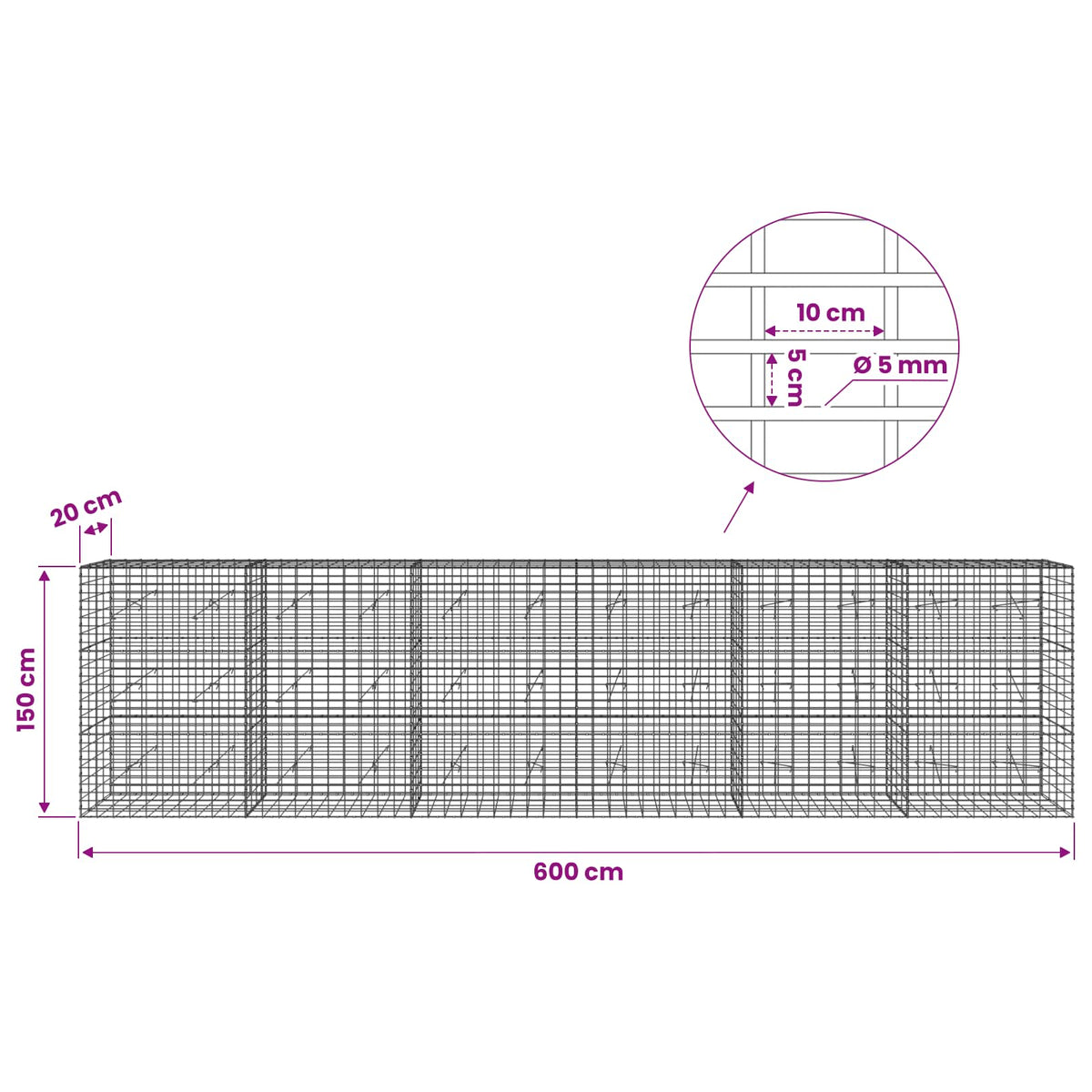 Gabionas su 5 mm Viela ir 5x10 cm Tinkleliu 600x20x150 cm