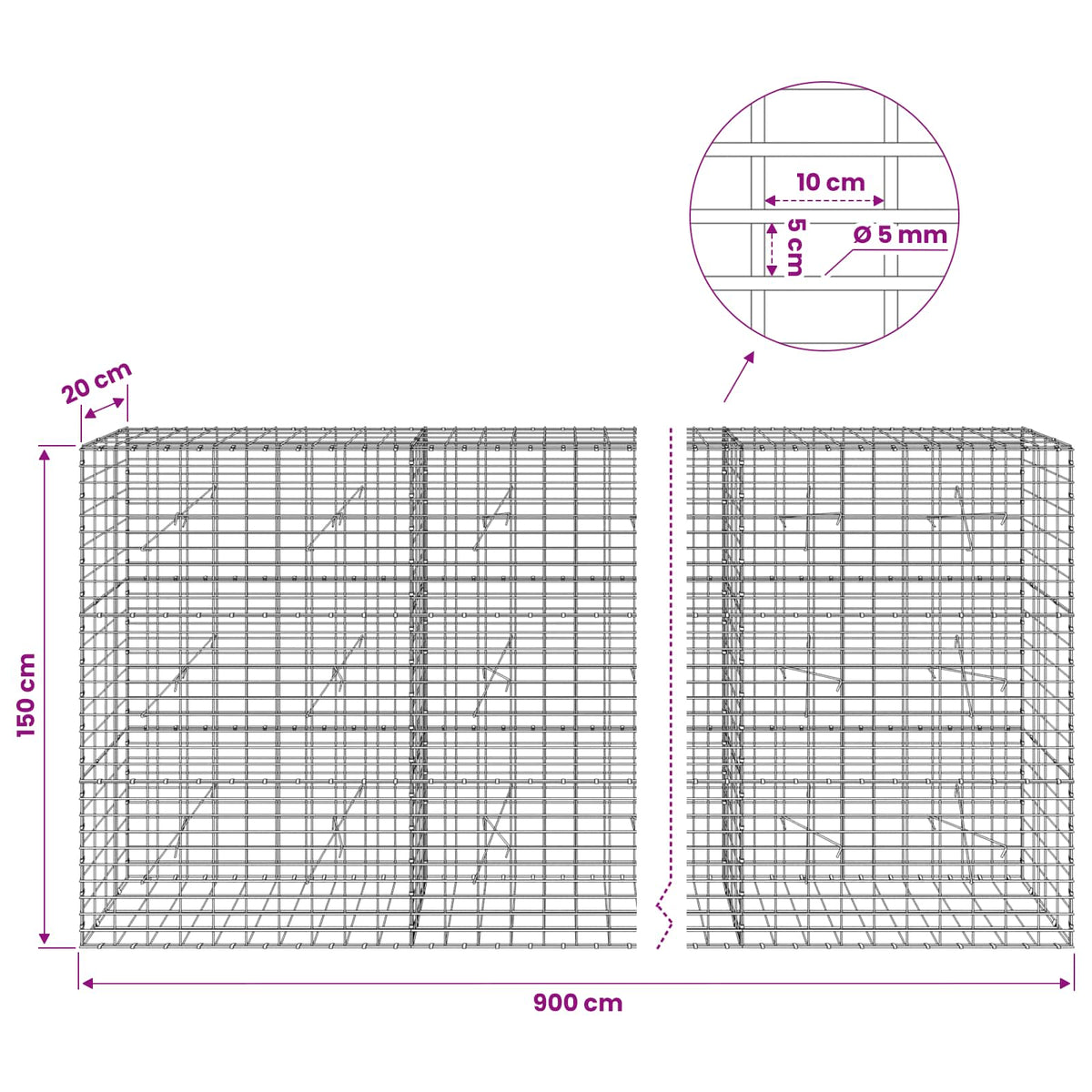 Gabionas su 5 mm Viela ir 5x10 cm Tinkleliu 900x20x150 cm