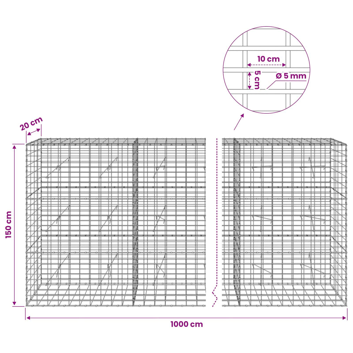 Gabionas su 5 mm Viela ir 5x10 cm Tinkleliu 1000x20x150 cm