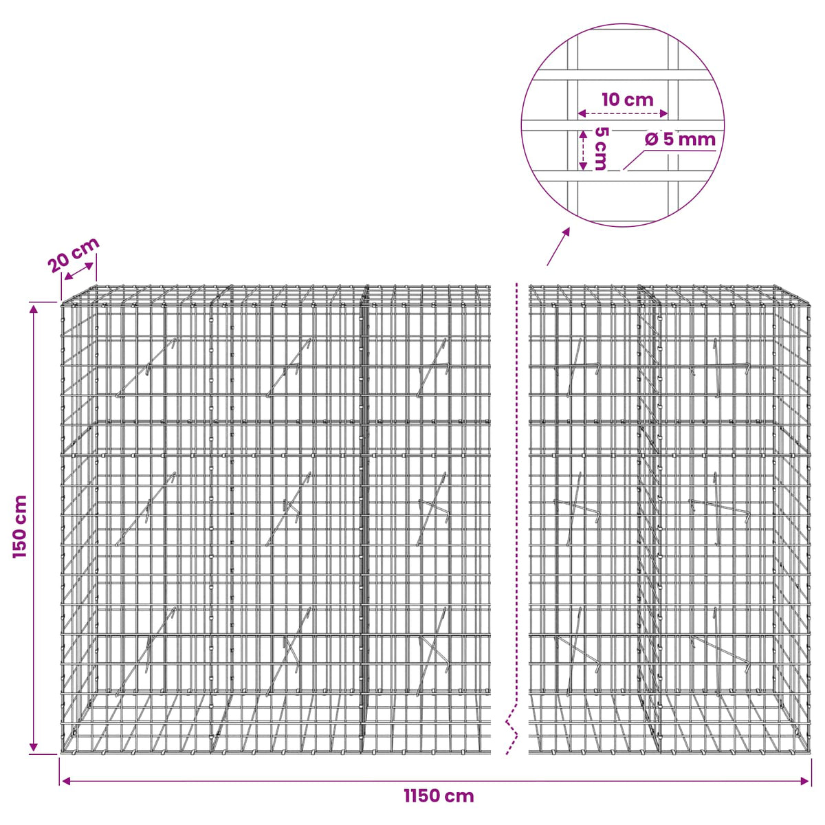 Gabionas su 5 mm viela ir 5x10 cm tinkleliu 1150x20x150 cm