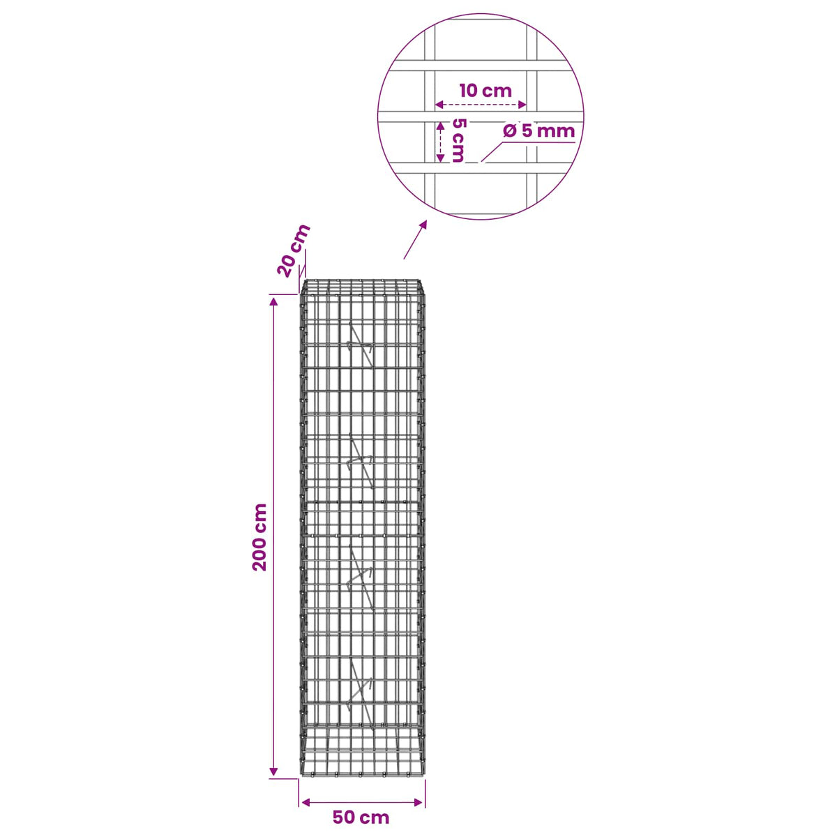 Gabionas su 5 mm Viela ir 5x10 cm Tinkleliu 50x20x200 cm