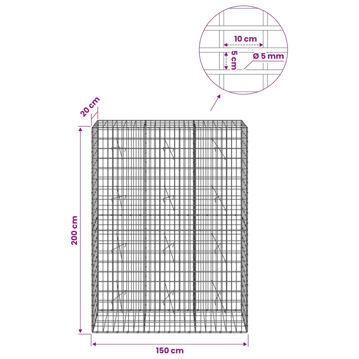 Gabionas su 5 mm Viela ir 5x10 cm Tinkleliu 150x20x200 cm