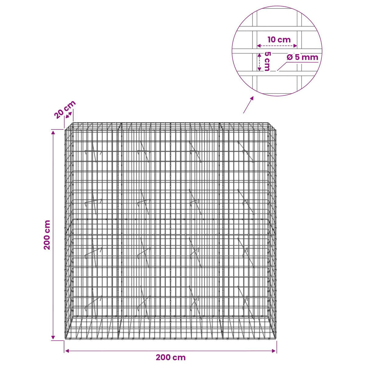 Gabionas su 5 mm Viela ir 5x10 cm Tinkleliu 200x20x200 cm