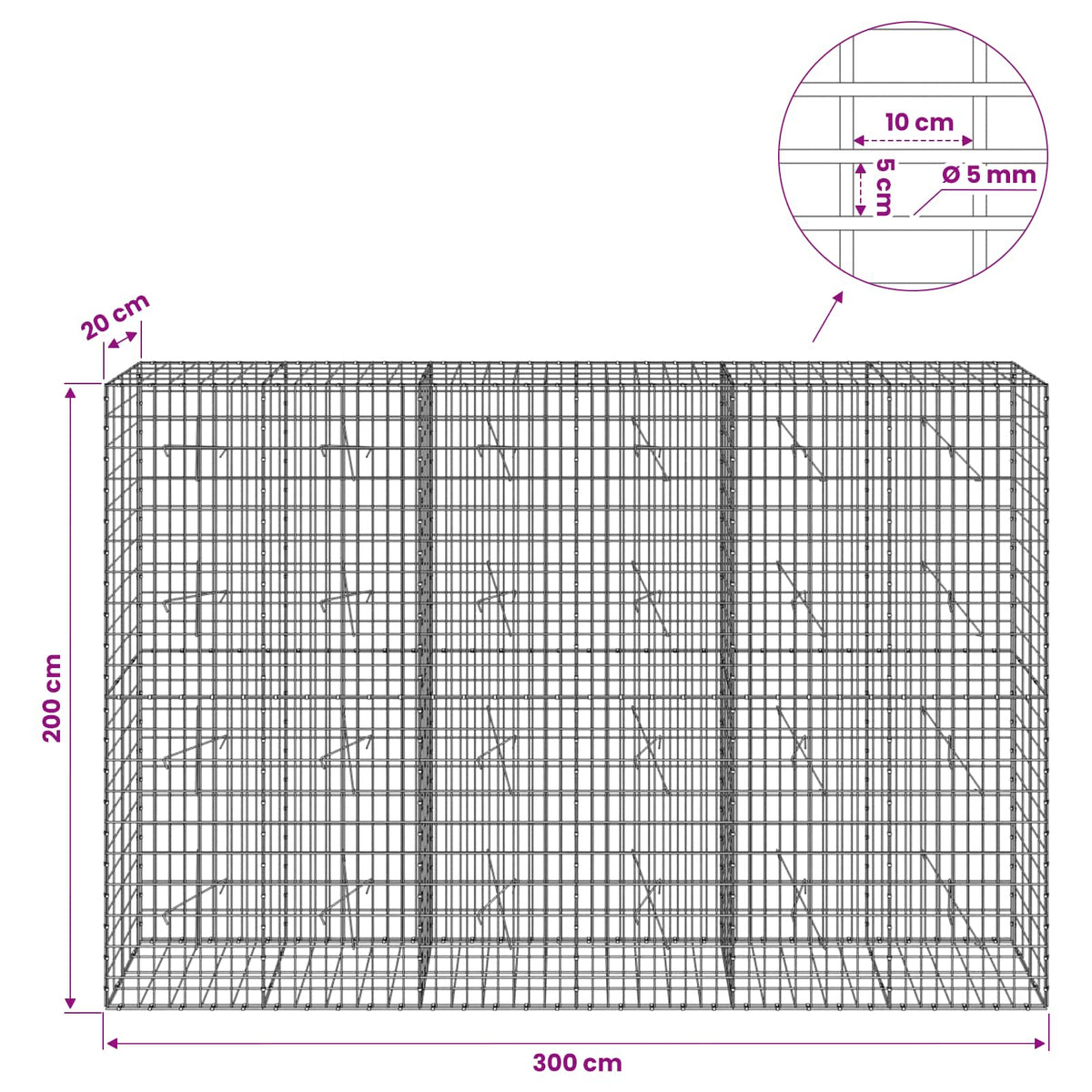 Gabionas su 5 mm Viela ir 5x10 cm Tinkleliu 300x20x200 cm