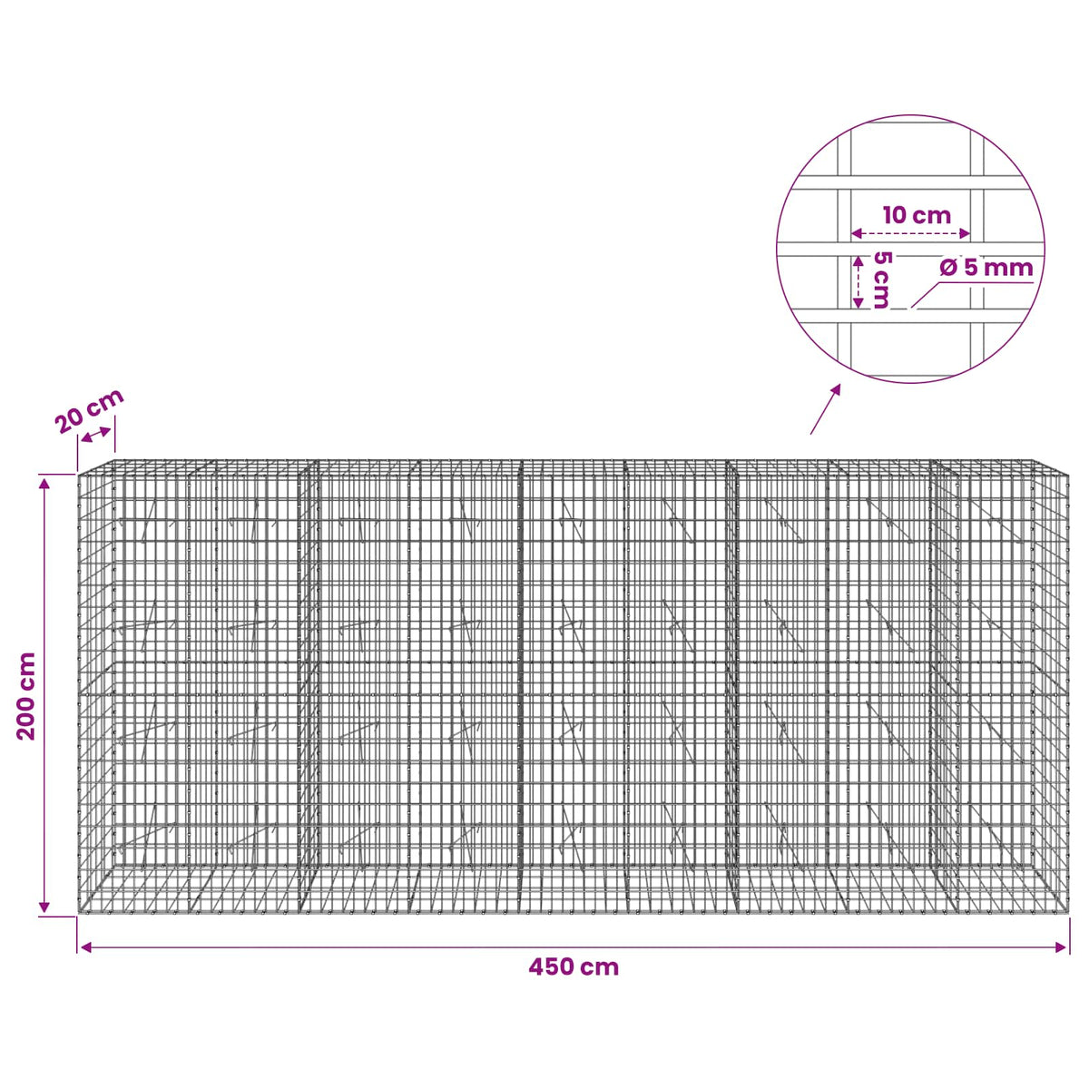 Gabionas su 5 mm Viela ir 5x10 cm Tinkleliu 450x20x200 cm