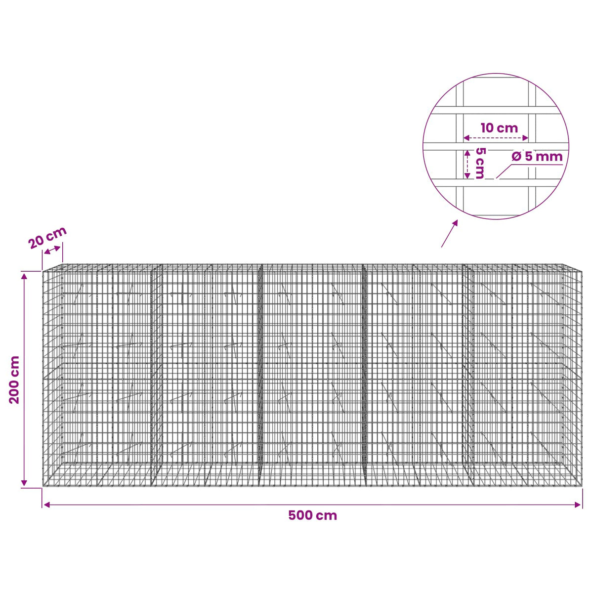 Gabionas su 5 mm Viela ir 5x10 cm Tinkleliu 500x20x200 cm