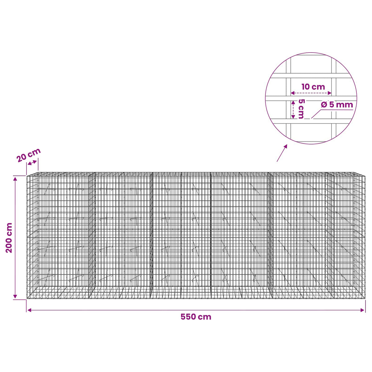 Gabionas su 5 mm viela ir 5x10 cm tinkleliu 550x20x200 cm