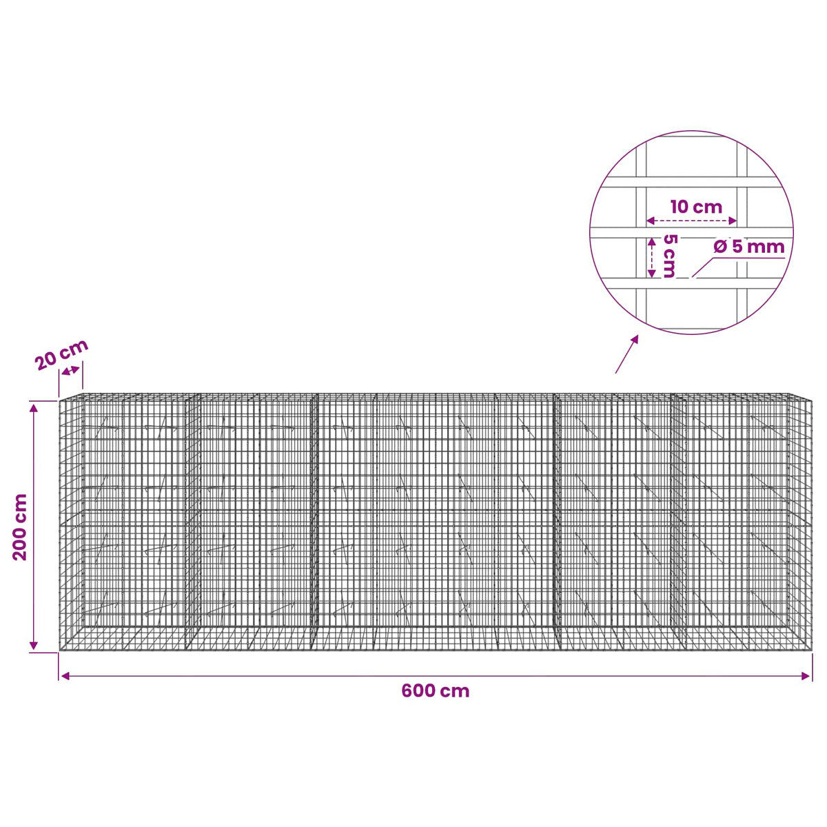 Gabionas su 5 mm Viela ir 5x10 cm Tinkleliu 600x20x200 cm