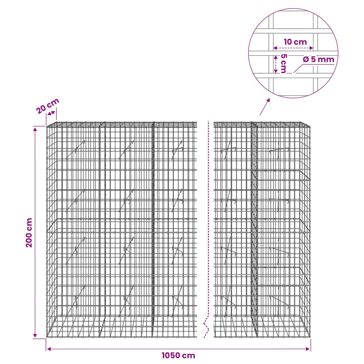 Gabionas su 5 mm Viela ir 5x10 cm Tinkleliu 1050x20x200 cm