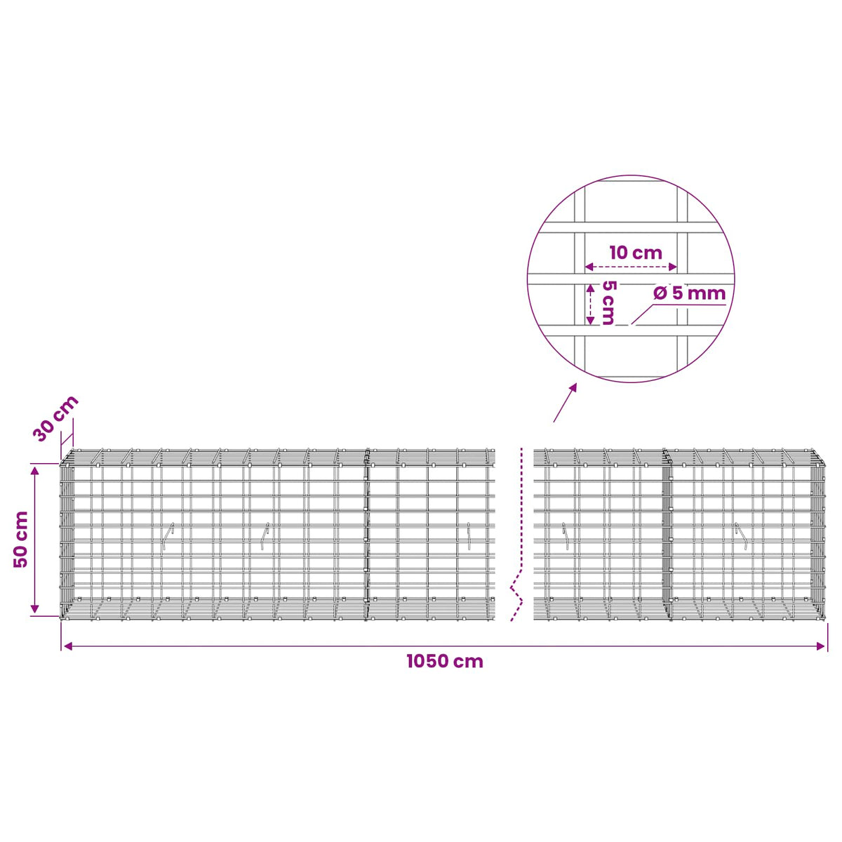 Gabionas su 5 mm viela ir 5x10 cm tinkleliu 1050x30x50 cm