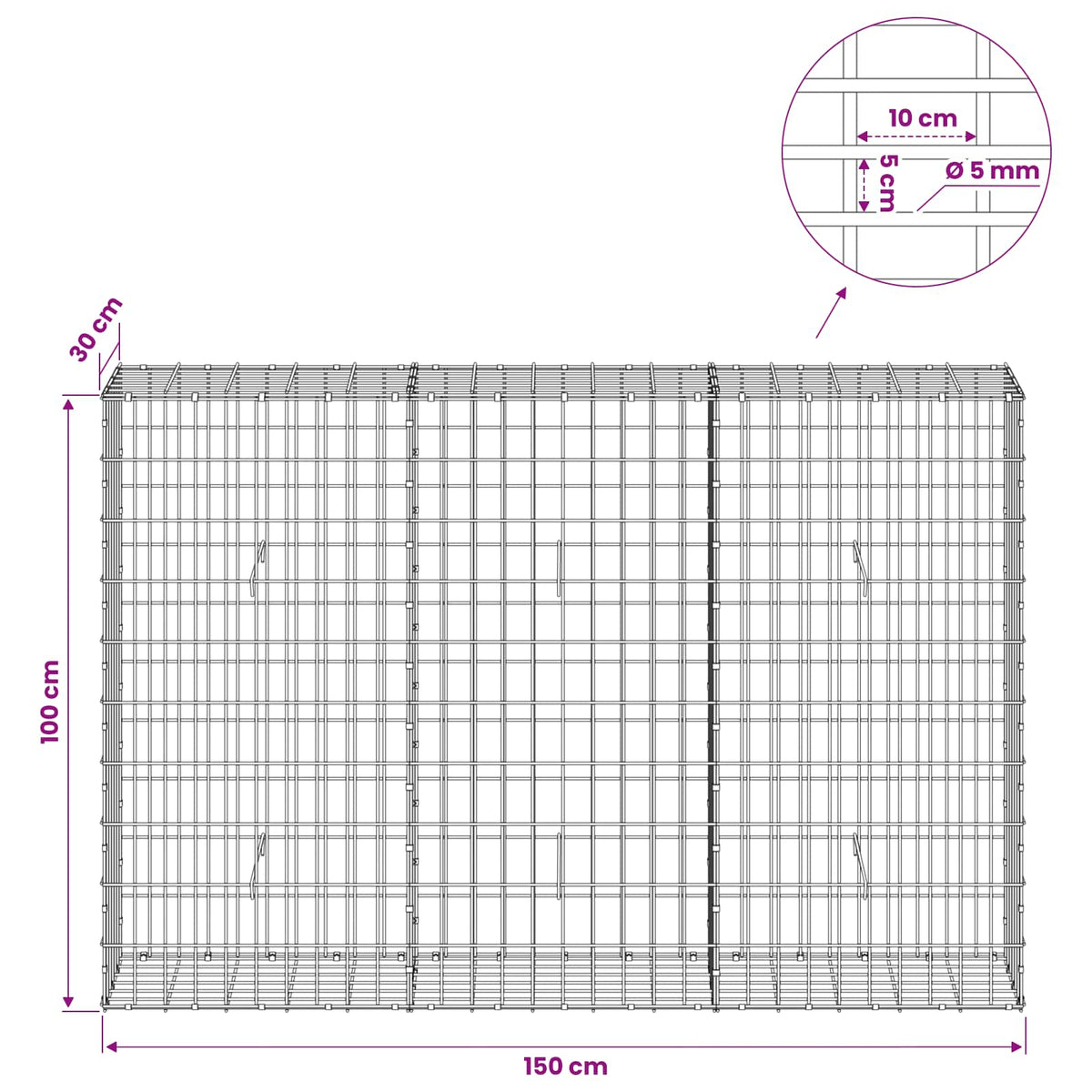 Gabionas su 5 mm Viela ir 5x10 cm Tinkleliu 150x30x100 cm