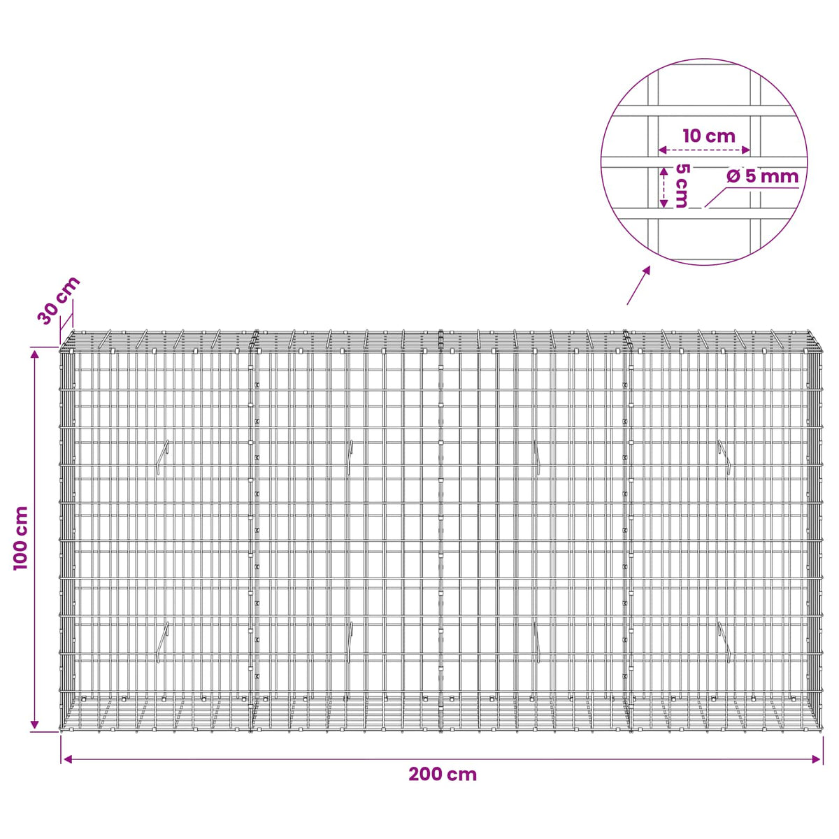 Gabionas su 5 mm Viela ir 5x10 cm Tinkleliu 200x30x100 cm
