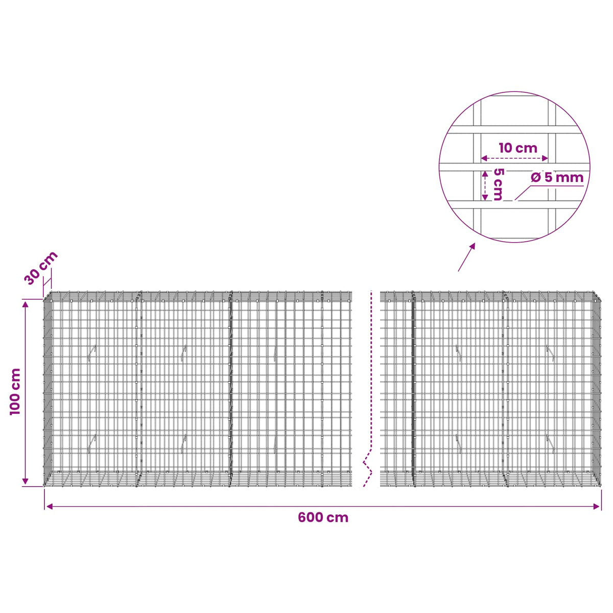 Gabionas su 5 mm Viela ir 5x10 cm Tinkleliu 600x30x100 cm