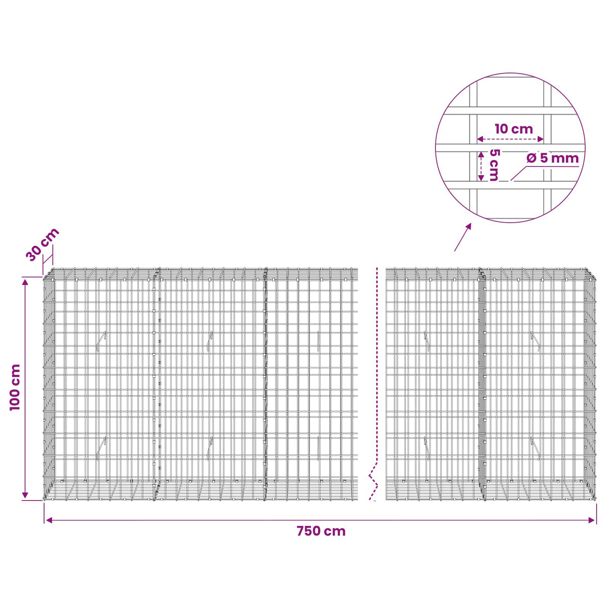 Gabionas su 5 mm Viela ir 5x10 cm Tinkleliu 750x30x100 cm