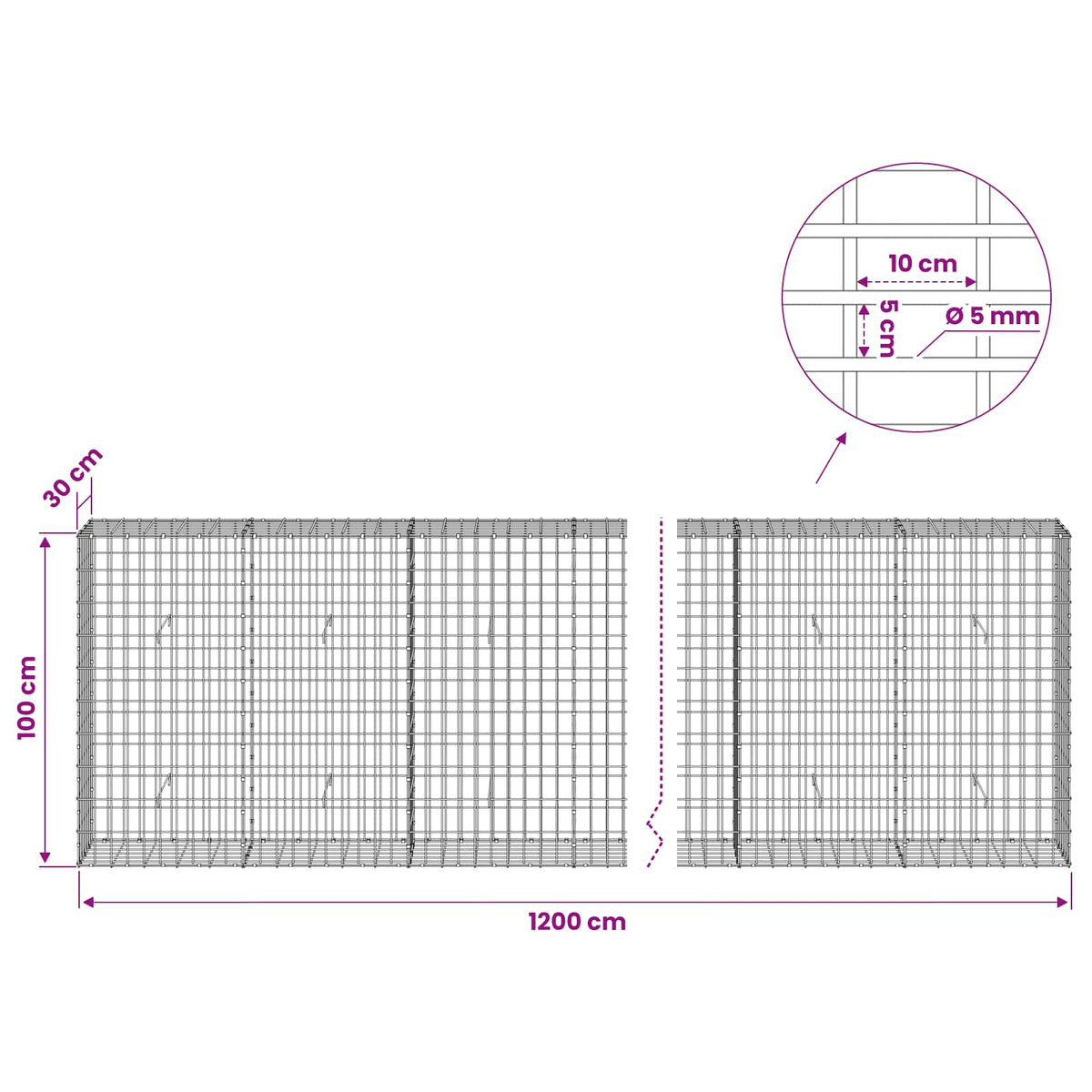 Gabionas su 5 mm Viela ir 5x10 cm Tinkleliu 1200x30x100 cm