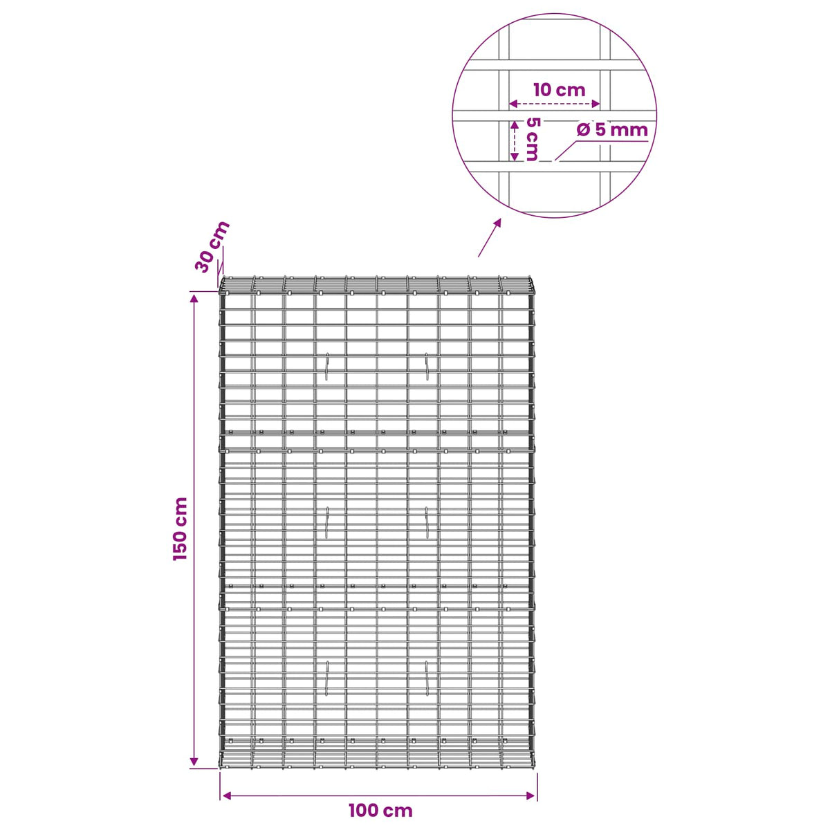 Gabionas su 5 mm Viela ir 5x10 cm Tinkleliu 100x30x150 cm
