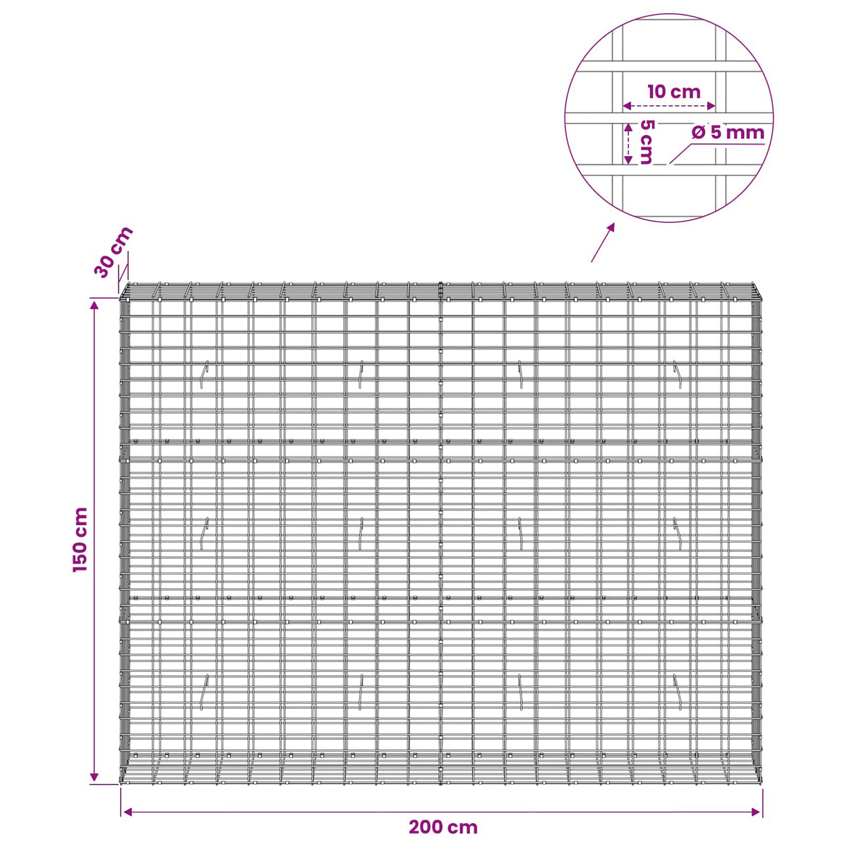 Gabionas su 5 mm Viela ir 5x10 cm Tinkleliu 200x30x150 cm
