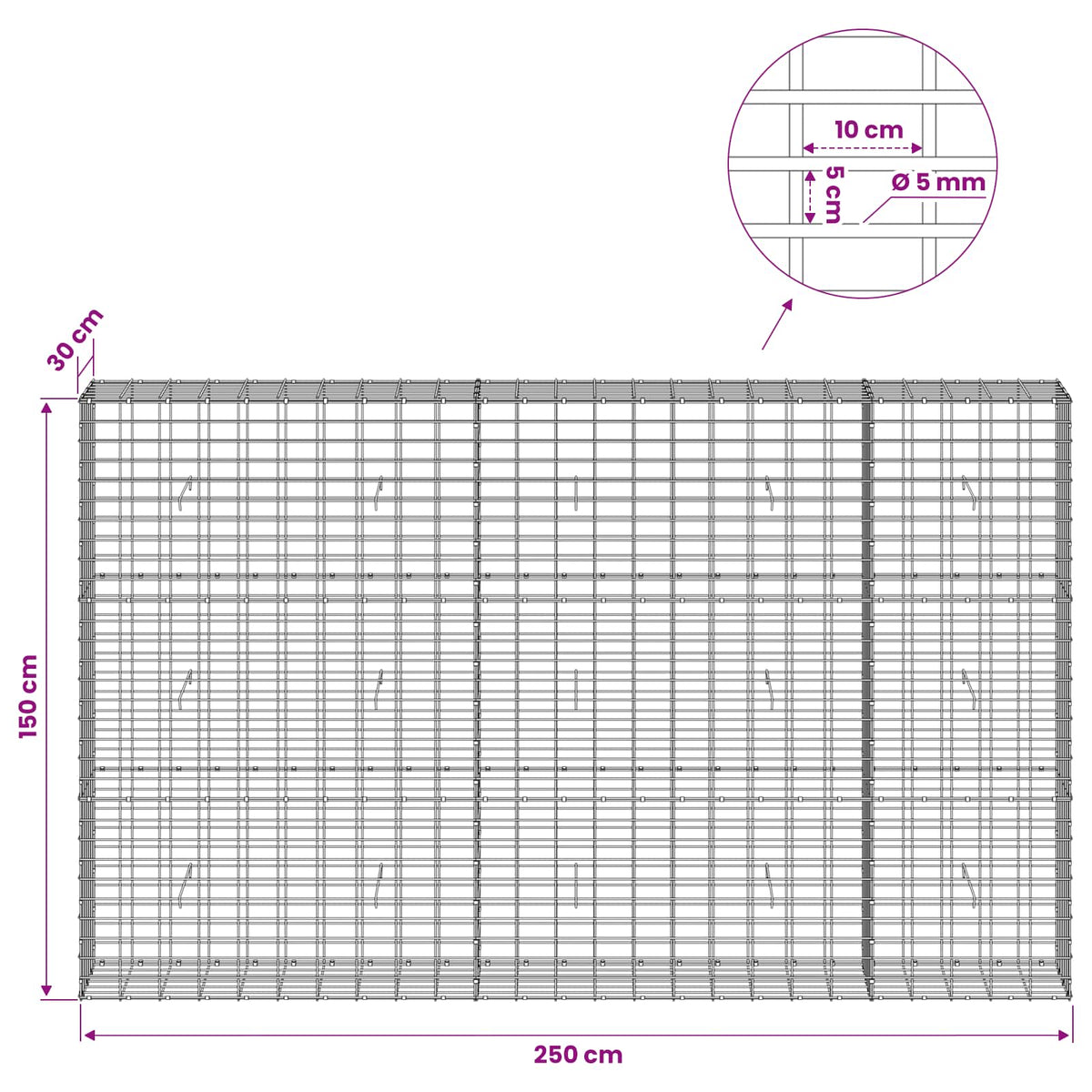 Gabionas su 5 mm viela ir 5x10 cm tinkleliu 250x30x150 cm