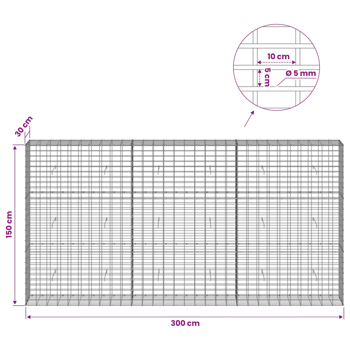 Gabionas su 5 mm Viela ir 5x10 cm Tinkleliu 300x30x150 cm