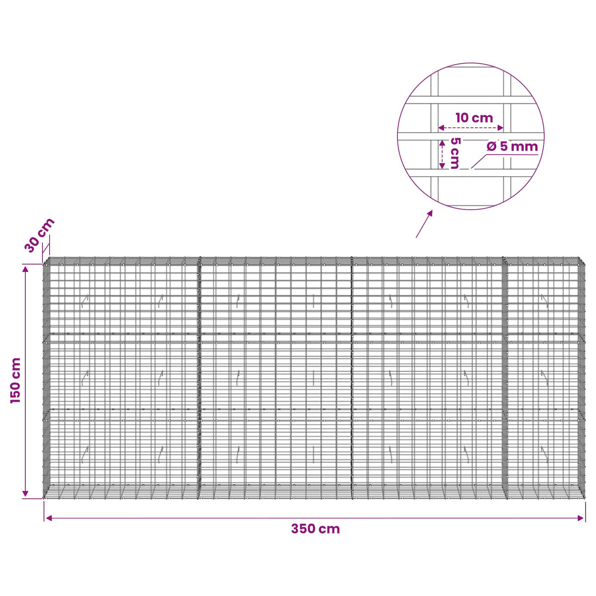 Gabionas su 5 mm viela ir 5x10 cm tinkleliu 350x30x150 cm