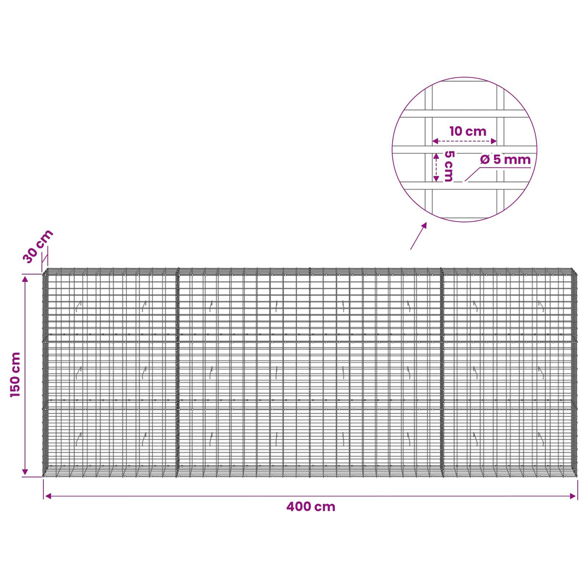 Gabionas su 5 mm Viela ir 5x10 cm Tinkleliu 400x30x150 cm