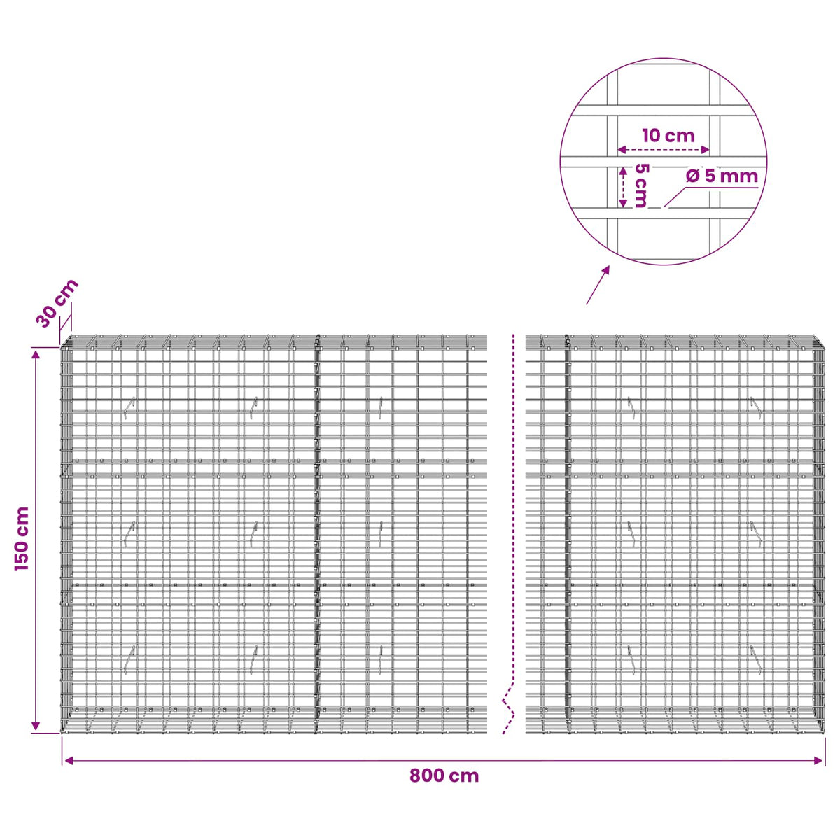 Gabionas su 5 mm Viela ir 5x10 cm Tinkleliu 800x30x150 cm