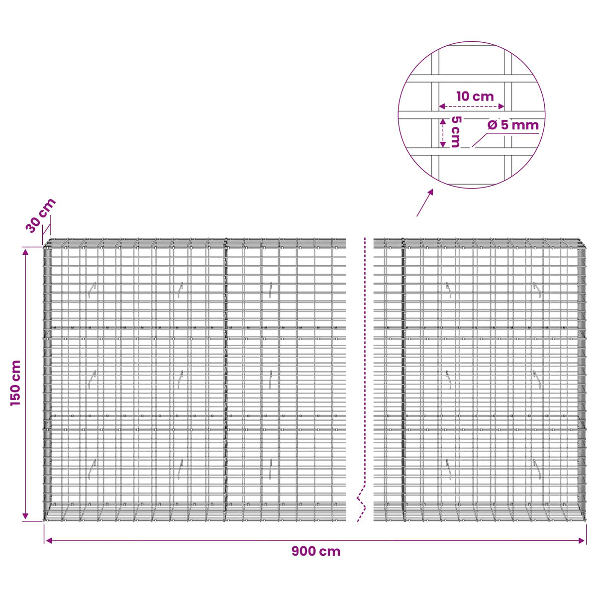 Gabionas su 5 mm Viela ir 5x10 cm Tinkleliu 900x30x150 cm