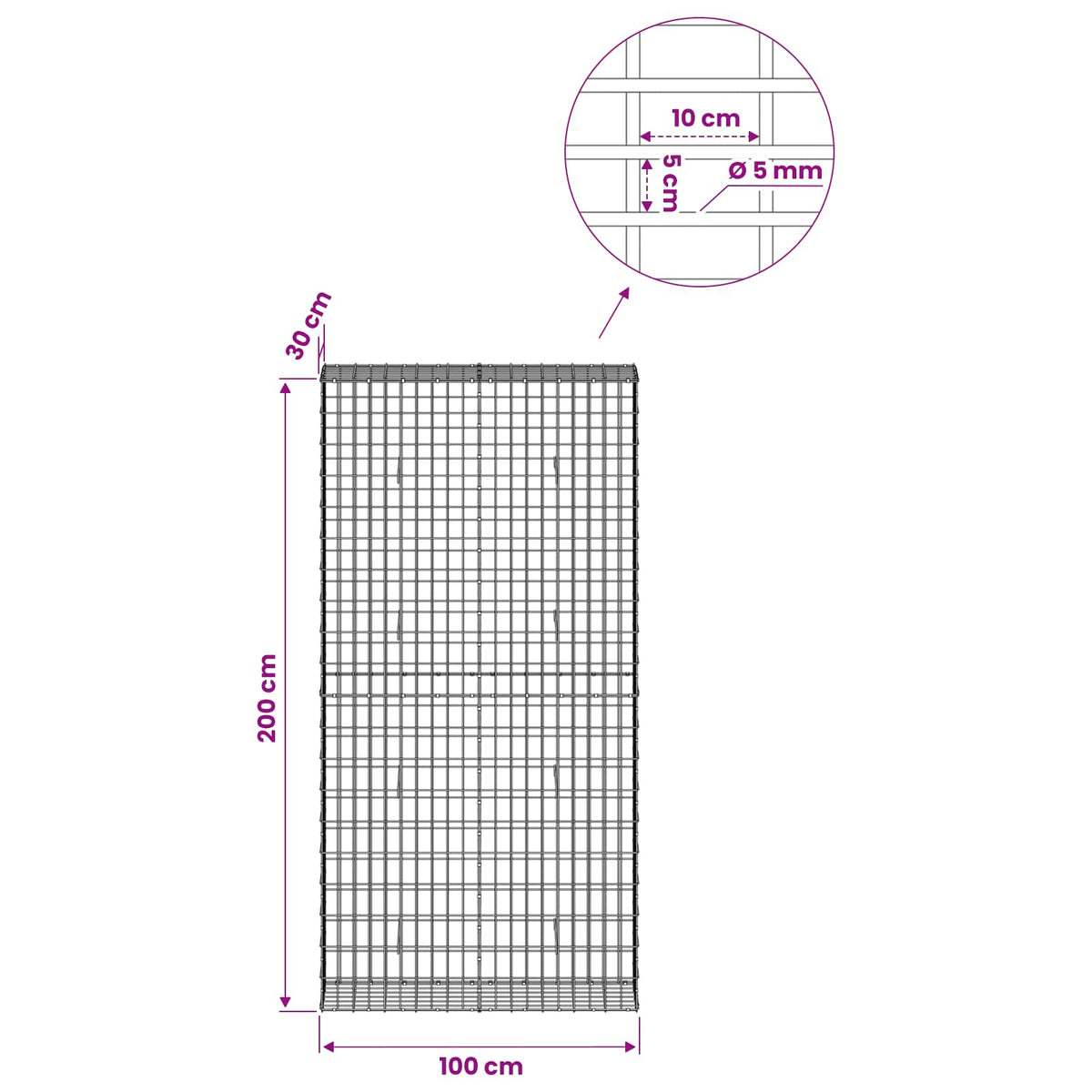 Gabionas su 5 mm Viela ir 5x10 cm Tinkleliu 100x30x200 cm