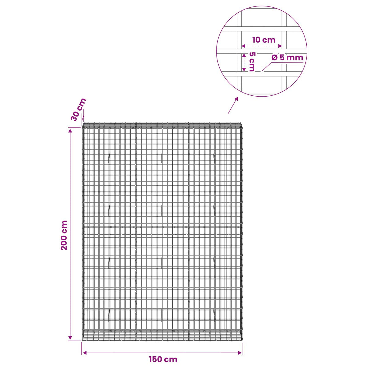 Gabionas su 5 mm Viela ir 5x10 cm Tinkleliu 150x30x200 cm