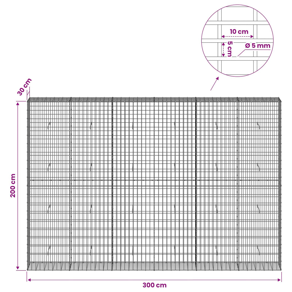 Gabionas su 5 mm Viela ir 5x10 cm Tinkleliu 300x30x200 cm