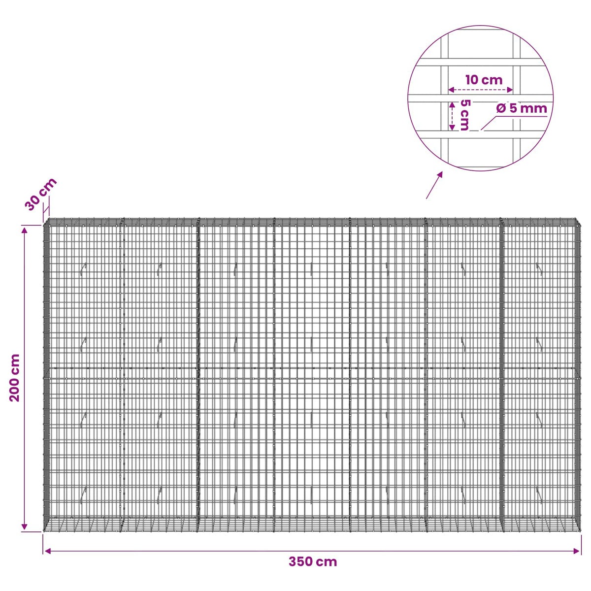 Gabionas su 5 mm Viela ir 5x10 cm Tinkleliu 350x30x200 cm